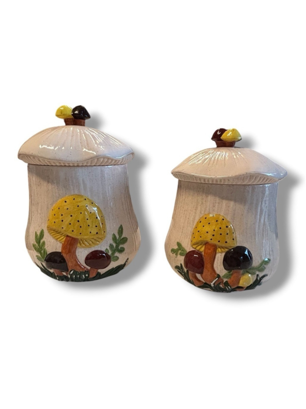 Two Vintage Large 1970s Arnel's Ceramic Mushroom Cookie Jar Storage Canister